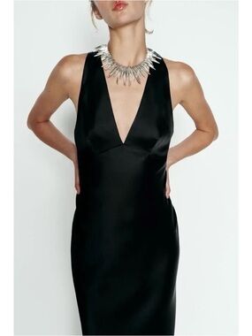 Zara Satin V-neck Maxi Dress with Cross Back Straps in Black Size XS